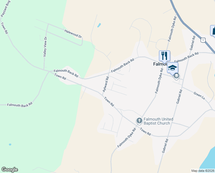 map of restaurants, bars, coffee shops, grocery stores, and more near 24 Aylward Road in Falmouth