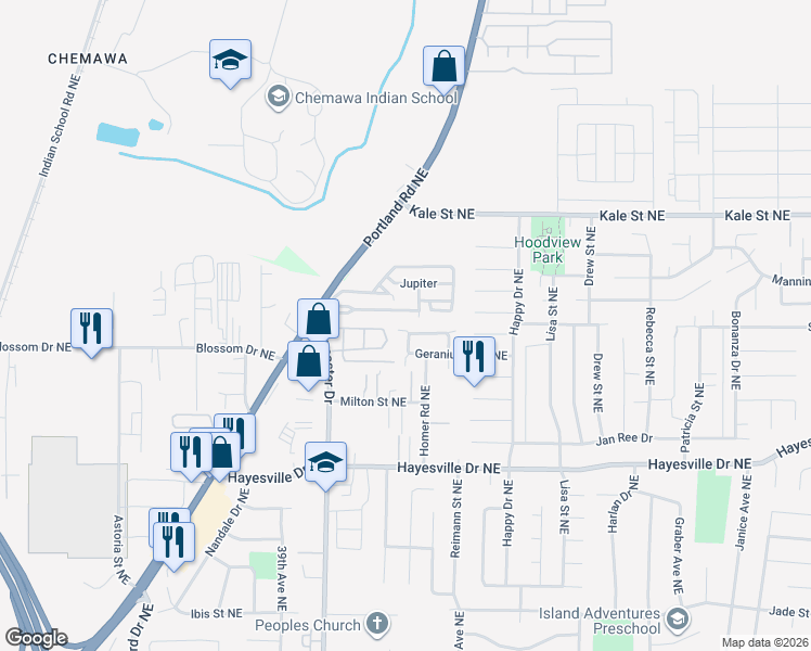 map of restaurants, bars, coffee shops, grocery stores, and more near 4127 Geranium Loop Northeast in Salem