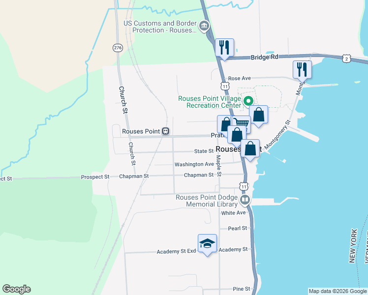 map of restaurants, bars, coffee shops, grocery stores, and more near 86 State Street in Rouses Point