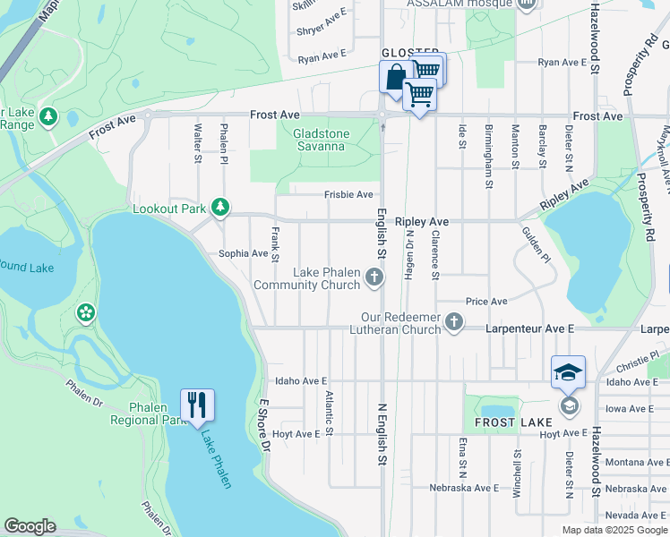 map of restaurants, bars, coffee shops, grocery stores, and more near 1754 Atlantic Street in Saint Paul