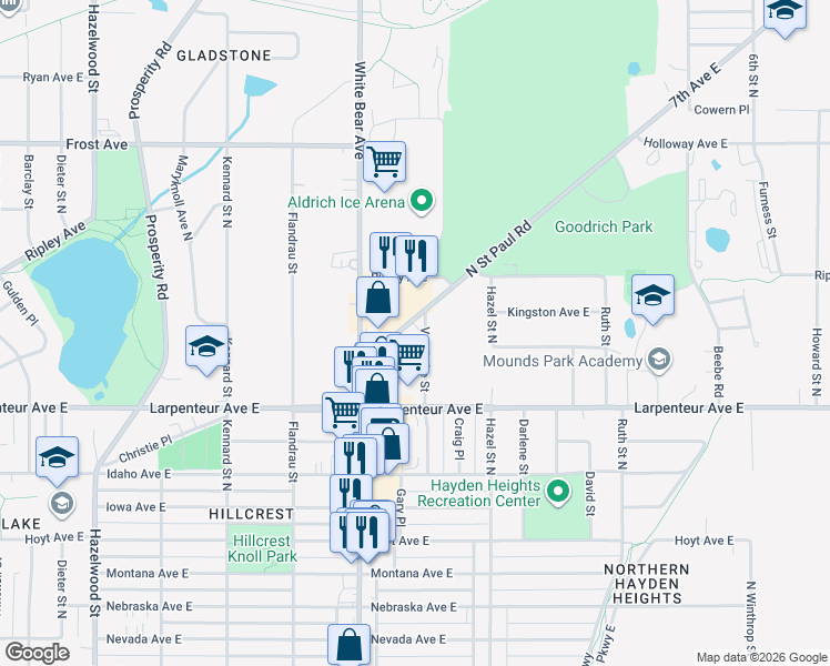 map of restaurants, bars, coffee shops, grocery stores, and more near 1834 North Saint Paul Road in Saint Paul