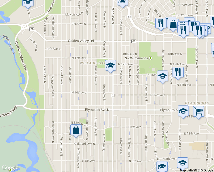 map of restaurants, bars, coffee shops, grocery stores, and more near 1422 Queen Avenue North in Minneapolis