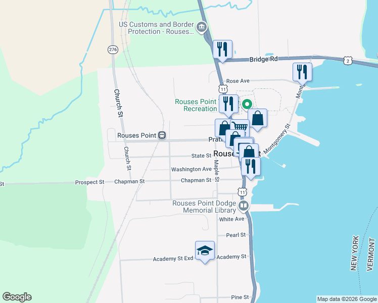 map of restaurants, bars, coffee shops, grocery stores, and more near 86 State Street in Rouses Point