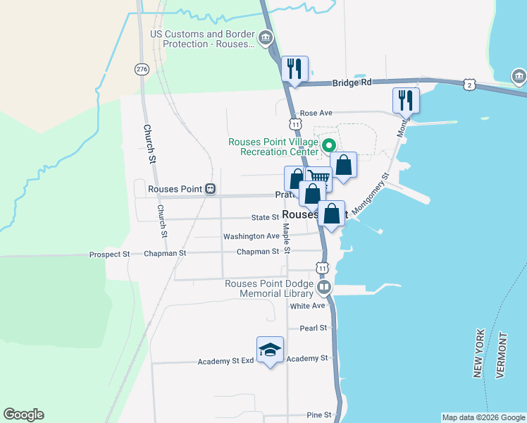 map of restaurants, bars, coffee shops, grocery stores, and more near 68 State St in Rouses Point