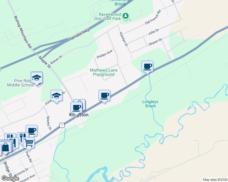 map of restaurants, bars, coffee shops, grocery stores, and more near 909 Main Street in Kingston