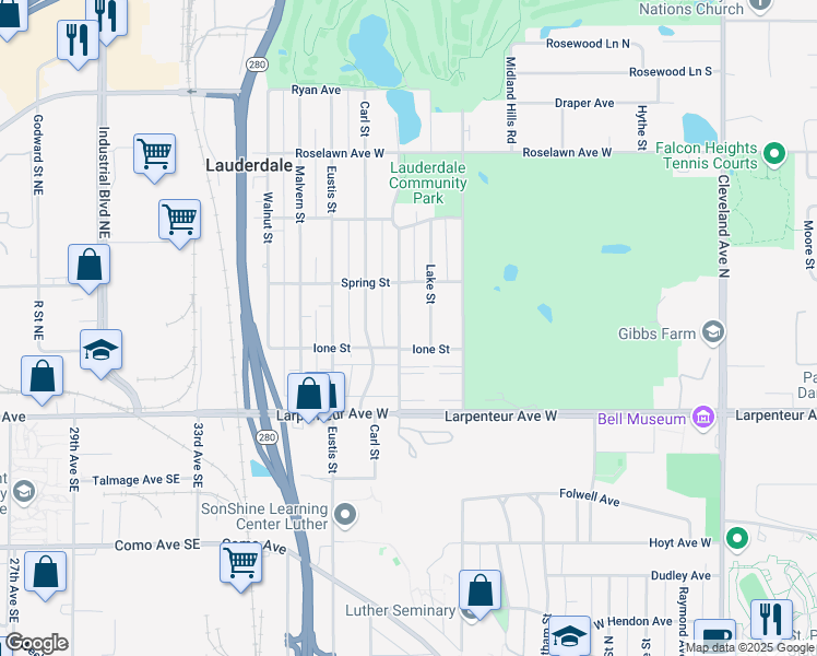 map of restaurants, bars, coffee shops, grocery stores, and more near 1758 Pleasant Street in Lauderdale