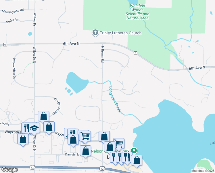 map of restaurants, bars, coffee shops, grocery stores, and more near 1990 West Farm Road in Long Lake