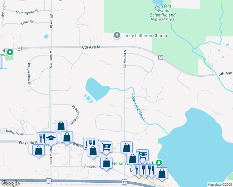 map of restaurants, bars, coffee shops, grocery stores, and more near 849 North Brown Road in Long Lake