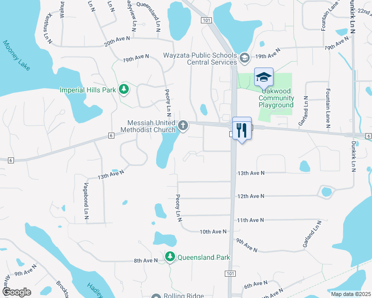 map of restaurants, bars, coffee shops, grocery stores, and more near 1405 Olive Lane North in Plymouth