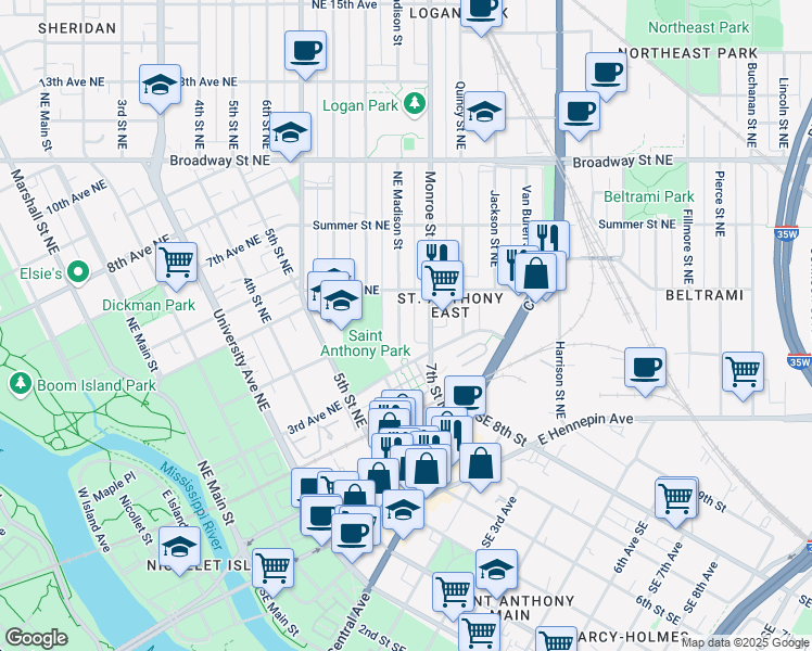 map of restaurants, bars, coffee shops, grocery stores, and more near 425 Northeast Madison Street in Minneapolis