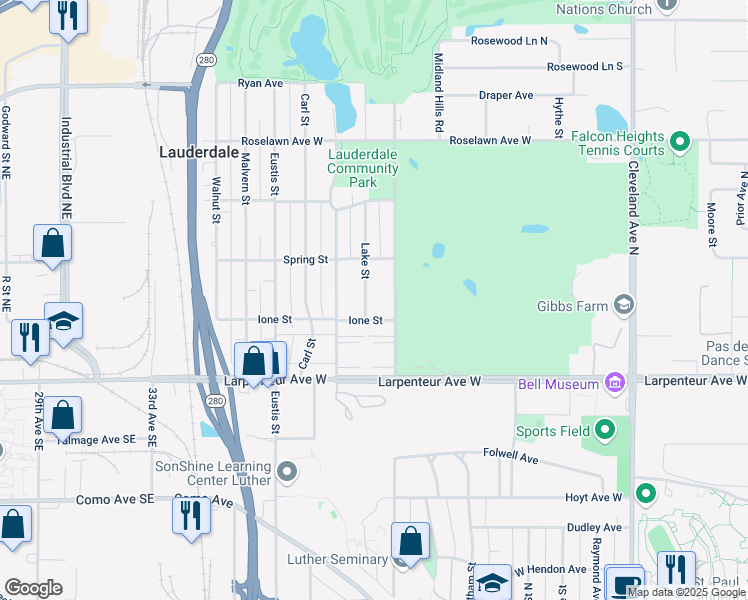 map of restaurants, bars, coffee shops, grocery stores, and more near 1760 Lake Street in Lauderdale