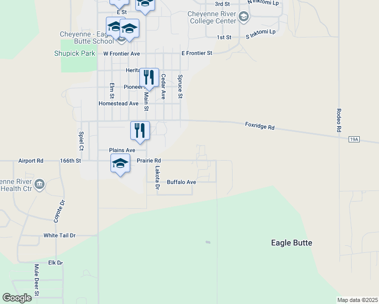 map of restaurants, bars, coffee shops, grocery stores, and more near 322 Prairie Road in Eagle Butte