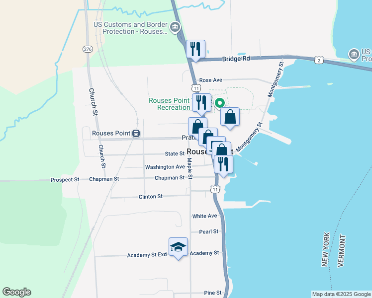 map of restaurants, bars, coffee shops, grocery stores, and more near 64 Lake Street in Rouses Point