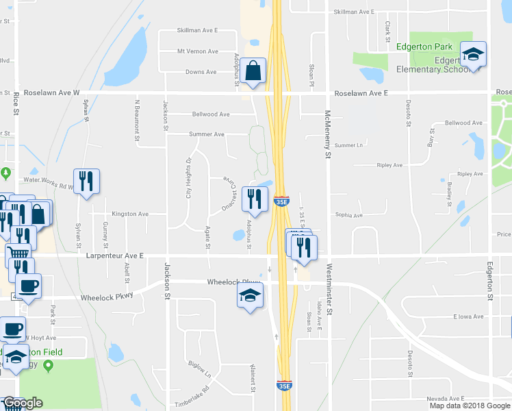 map of restaurants, bars, coffee shops, grocery stores, and more near 1764 Onacrest Curve in Saint Paul