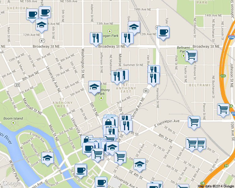 map of restaurants, bars, coffee shops, grocery stores, and more near 425 Northeast Madison Street in Minneapolis
