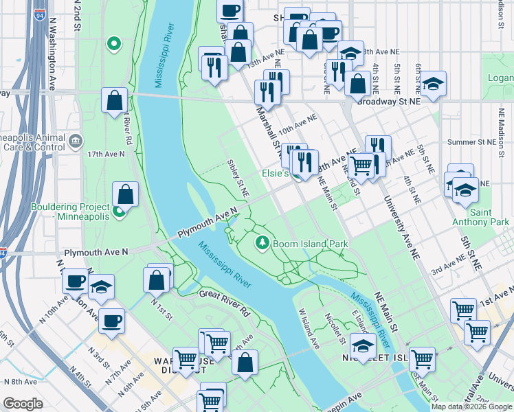 map of restaurants, bars, coffee shops, grocery stores, and more near 44 8th Avenue Northeast in Minneapolis