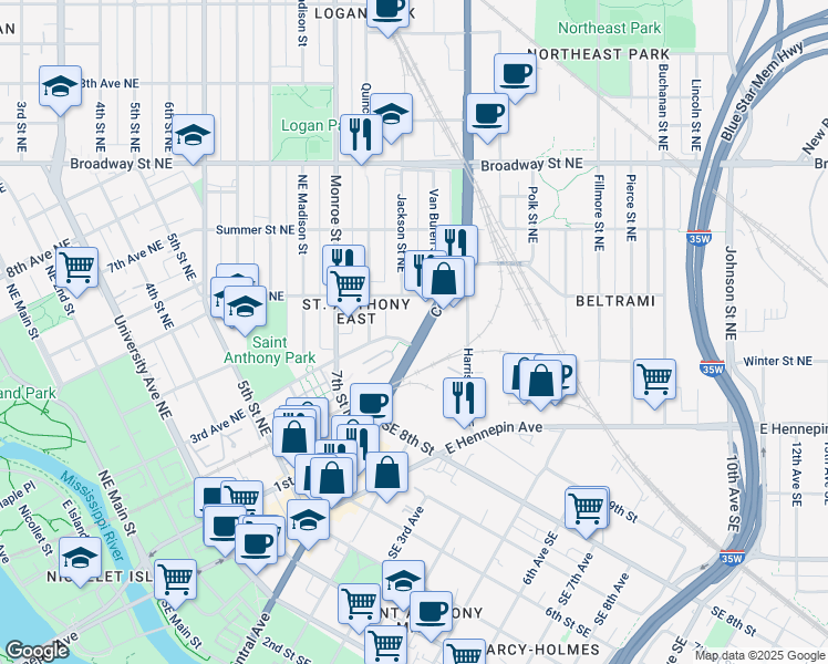 map of restaurants, bars, coffee shops, grocery stores, and more near 929 Central Avenue Northeast in Minneapolis
