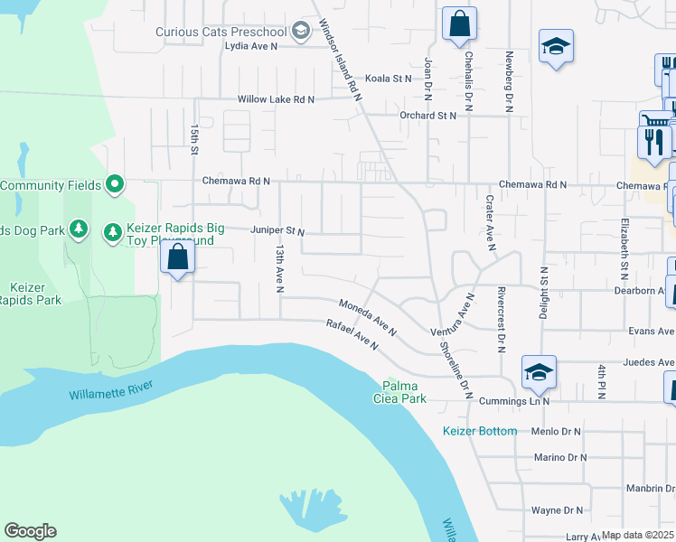 map of restaurants, bars, coffee shops, grocery stores, and more near 1109 Ventura Avenue North in Keizer