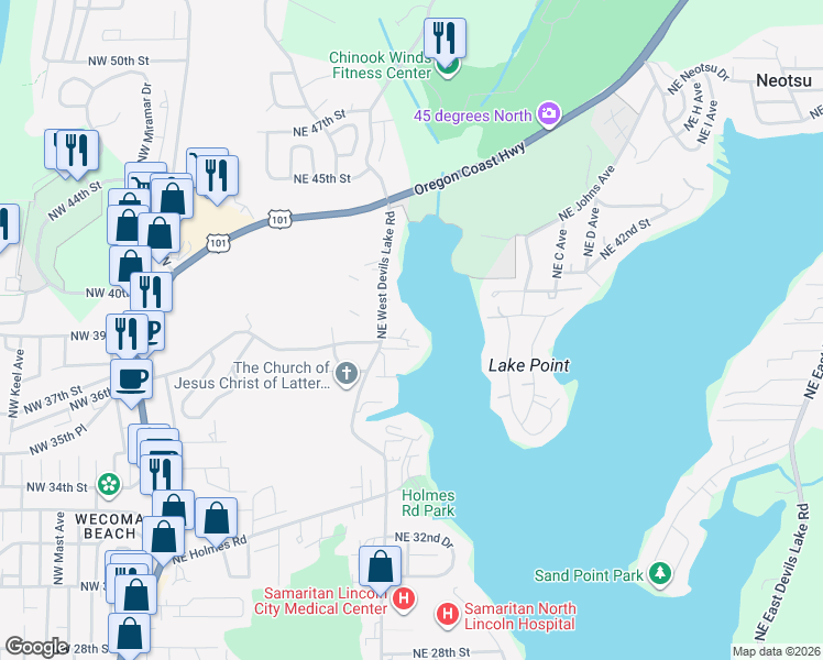 map of restaurants, bars, coffee shops, grocery stores, and more near 3640 Northeast West Devils Lake Road in Lincoln City