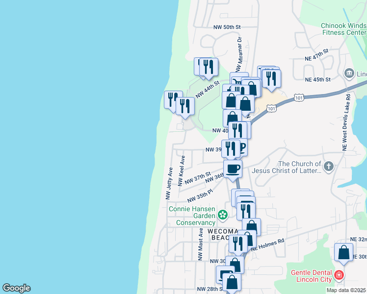 map of restaurants, bars, coffee shops, grocery stores, and more near 1601 Northwest 39th Street in Lincoln City
