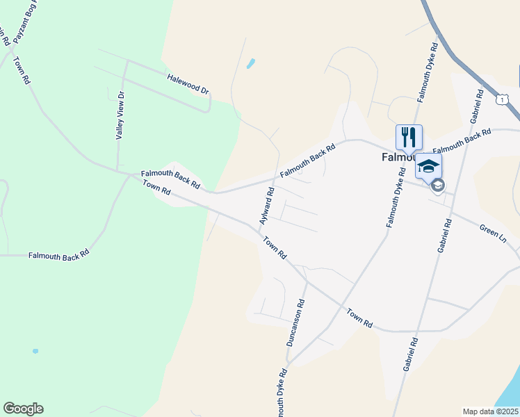 map of restaurants, bars, coffee shops, grocery stores, and more near 25 Aylward Road in Falmouth