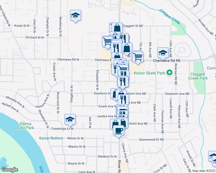 map of restaurants, bars, coffee shops, grocery stores, and more near 234 Churchdale Avenue North in Keizer