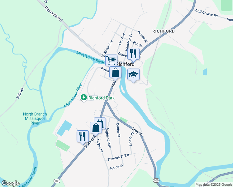 map of restaurants, bars, coffee shops, grocery stores, and more near 109 Main Street in Richford