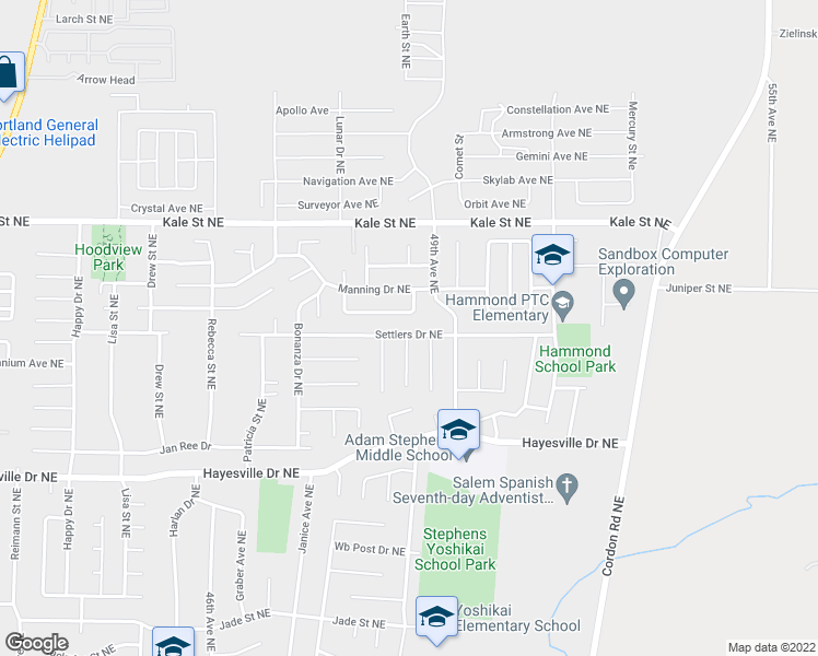 map of restaurants, bars, coffee shops, grocery stores, and more near 4823 Settlers Drive Northeast in Salem