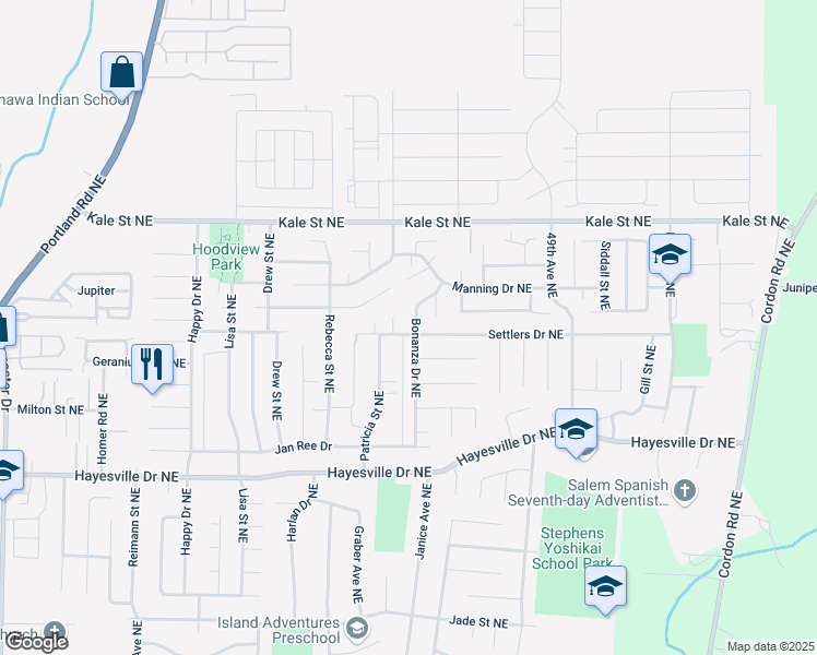 map of restaurants, bars, coffee shops, grocery stores, and more near 4663 Settlers Drive Northeast in Salem