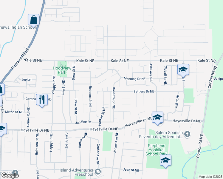 map of restaurants, bars, coffee shops, grocery stores, and more near 4663 Settlers Drive Northeast in Salem