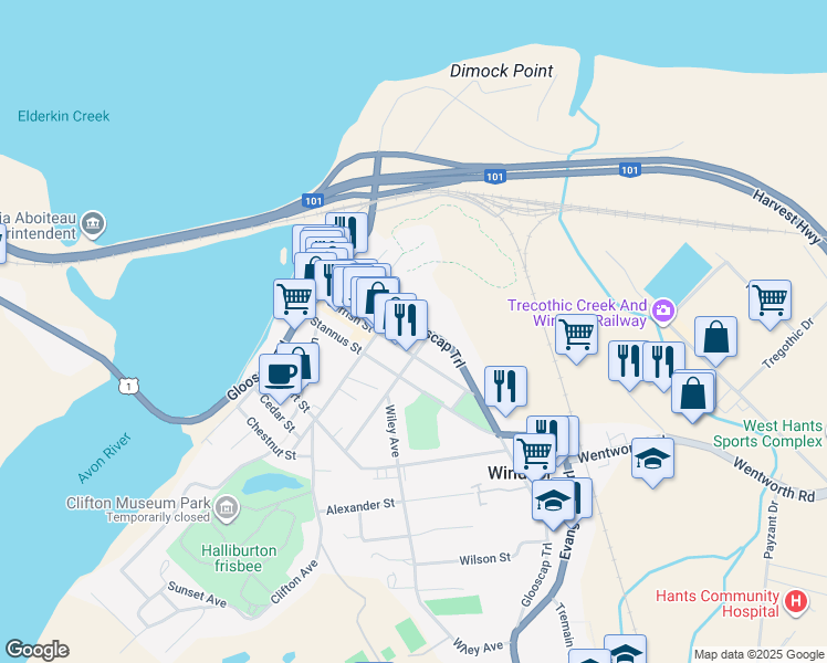 map of restaurants, bars, coffee shops, grocery stores, and more near 194 King Street in Windsor