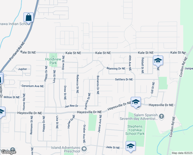 map of restaurants, bars, coffee shops, grocery stores, and more near 4663 Settlers Drive Northeast in Salem