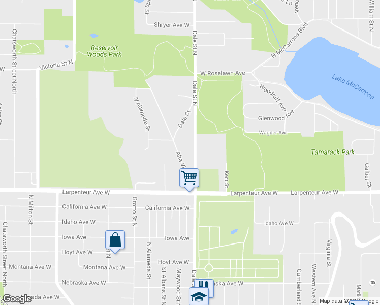 map of restaurants, bars, coffee shops, grocery stores, and more near 1692-1778 Dale Street North in Roseville
