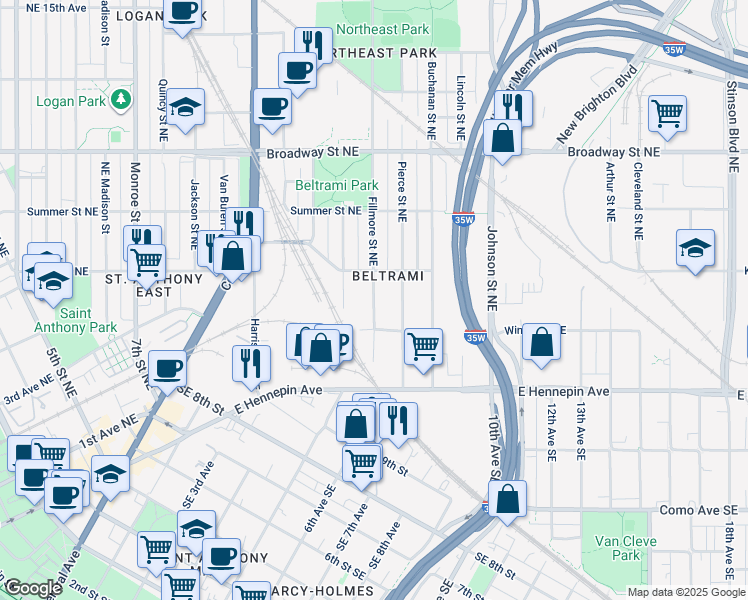 map of restaurants, bars, coffee shops, grocery stores, and more near 422 Pierce Street Northeast in Minneapolis