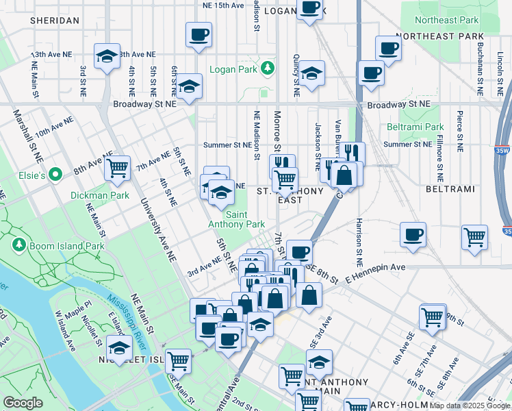 map of restaurants, bars, coffee shops, grocery stores, and more near 425 Northeast Madison Street in Minneapolis