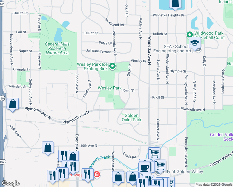 map of restaurants, bars, coffee shops, grocery stores, and more near 8200 Plymouth Avenue North in Golden Valley