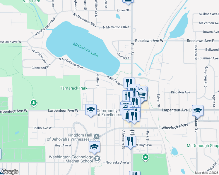 map of restaurants, bars, coffee shops, grocery stores, and more near 1750 Marion Street in Roseville