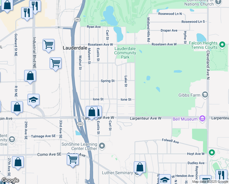 map of restaurants, bars, coffee shops, grocery stores, and more near 1758 Pleasant Street in Lauderdale