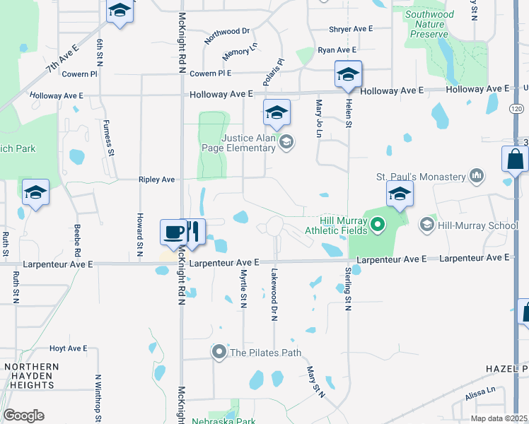 map of restaurants, bars, coffee shops, grocery stores, and more near 1749 Myrtle Street North in Saint Paul