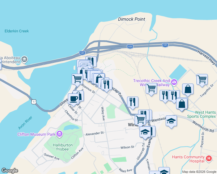 map of restaurants, bars, coffee shops, grocery stores, and more near 194 King Street in Windsor