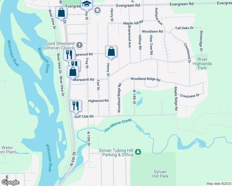 map of restaurants, bars, coffee shops, grocery stores, and more near 3803 Woodland Ridge Road in Wausau