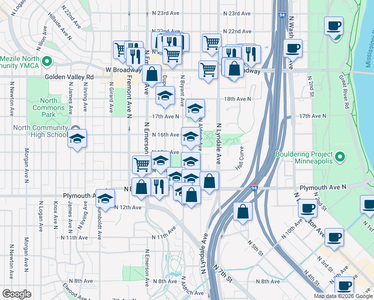 map of restaurants, bars, coffee shops, grocery stores, and more near 1501 North Bryant Avenue in Minneapolis