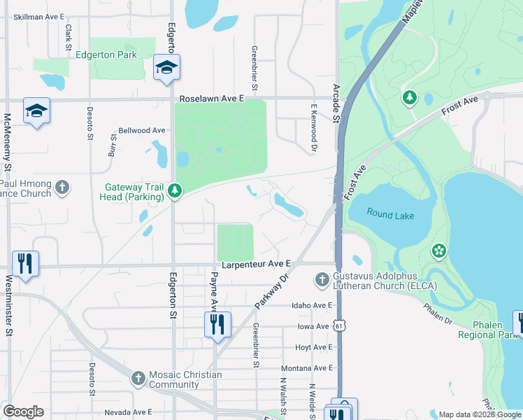 map of restaurants, bars, coffee shops, grocery stores, and more near 726 Maple Hills Drive East in Maplewood