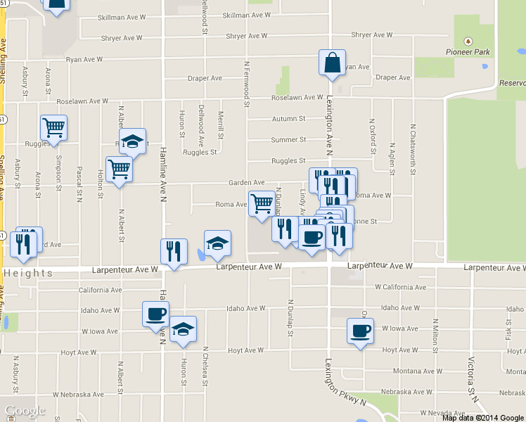 map of restaurants, bars, coffee shops, grocery stores, and more near 1759 Dunlap Street North in Roseville