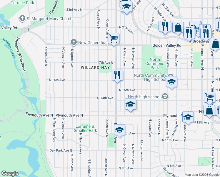 map of restaurants, bars, coffee shops, grocery stores, and more near 1422 Queen Avenue North in Minneapolis