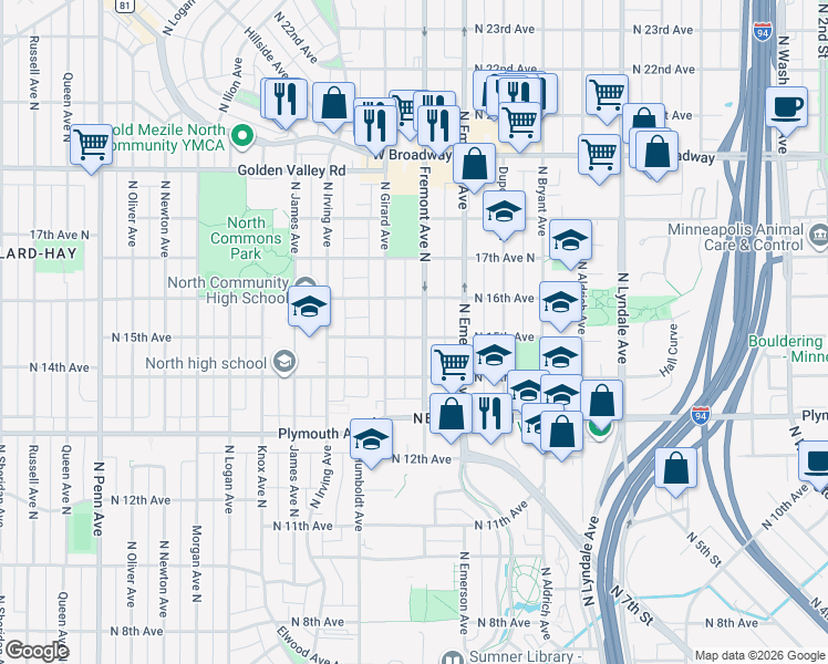map of restaurants, bars, coffee shops, grocery stores, and more near 1424 North Fremont Avenue in Minneapolis