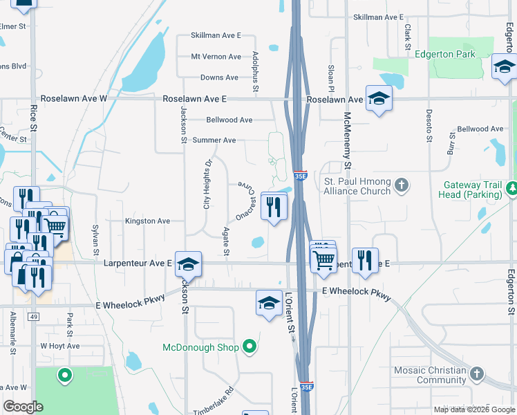 map of restaurants, bars, coffee shops, grocery stores, and more near 1764 Onacrest Curve in Saint Paul