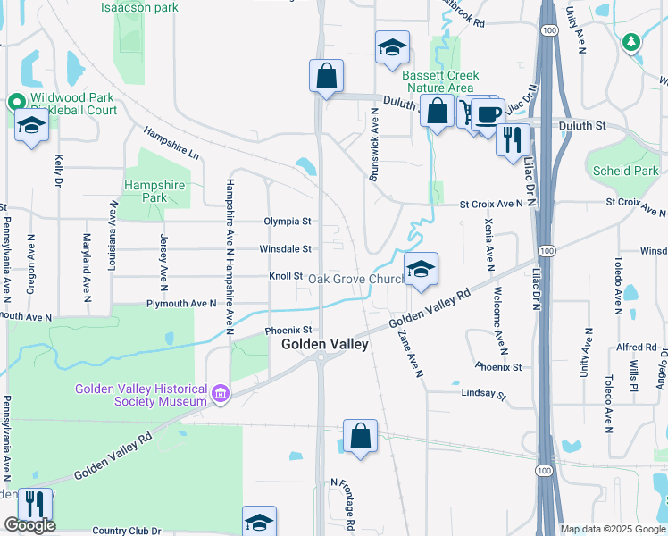 map of restaurants, bars, coffee shops, grocery stores, and more near 1370 Douglas Drive North in Golden Valley