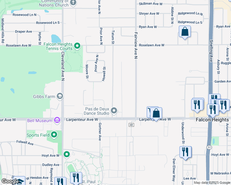map of restaurants, bars, coffee shops, grocery stores, and more near 1754 Tatum Street in Falcon Heights