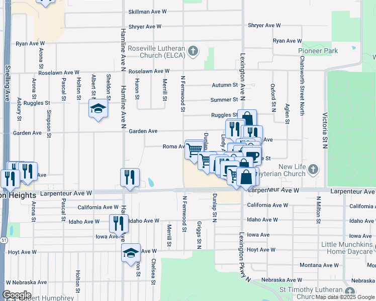 map of restaurants, bars, coffee shops, grocery stores, and more near 1760 North Fernwood Street in Roseville